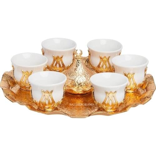 WHITE-YELLOW-SIX DRINKS SET-TWO WATER SET-SIX MIRRA SET - WHITE (METAL TRAY) PRESENTING YOUR PATTERNED COFFEE IN STYLISH