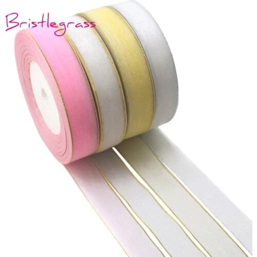 BRISTLEGRASS 50 Yard 3/4" 20mm Gold Silver Edge Organza Ribbon Flower Bows Birthday Wedding Party Decor Christmas Gift Wrappings