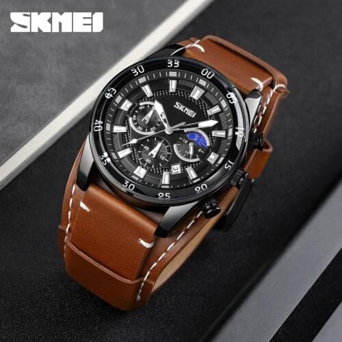 SKMEI Stopwatch Date Moon Phase Sport Mens Watches Top Brand Luxury Leather Strap Quartz Wristwatches Relogio Masculino 9249