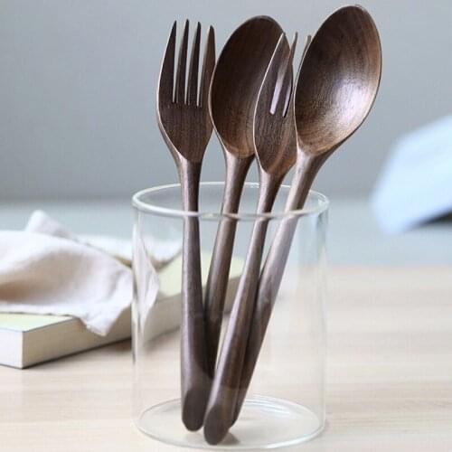 Black Walnut Wooden Spoon & Fork Dinner Kit Rice Soups Utensil Cereal Handmade Home Tableware Dinnerware Cutlery For Kicthen