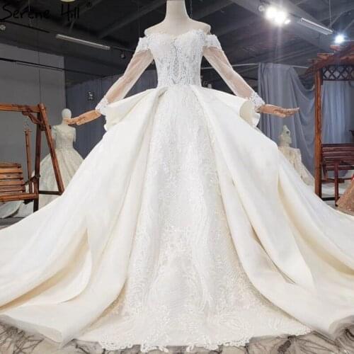 Dubai Ivory Satin Long Sleeves Wedding Dresses 2020 Luxury Beading Bling Sexy Bridal Gowns HX0298 Custom Made