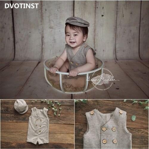 Dvotinst Newborn Baby Boys Photography Props Gentleman Buttons Overalls One-piece Outfits Cap 2pcs Studio Shooting Photo Props