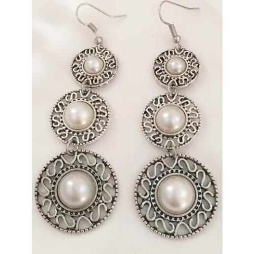 Ex341 Fashion Vintage ethnic style imitation pearl three-layer geometric round hat tassel earrings Womens Jewelry Accessories