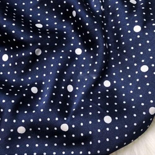 Glossy cotton satin Navy large and small wave dot printing silk smooth pure cotton satin fabric real silk feel high setting fabr