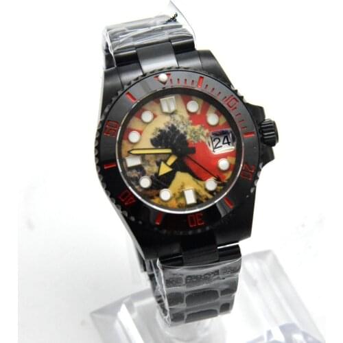 Kanagawa Surf Luminous Dial Date Black Case NH35A Movement Aseptic Mens Watch Automatic Mechanical Watch Stainless Steel Strap