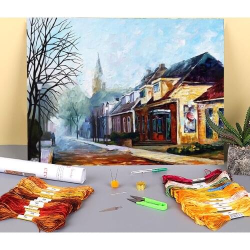 Oil Painting Style House Printed Fabric 11CT Cross-Stitch Complete Kit Embroidery DMC Threads Handiwork Craft Wholesale