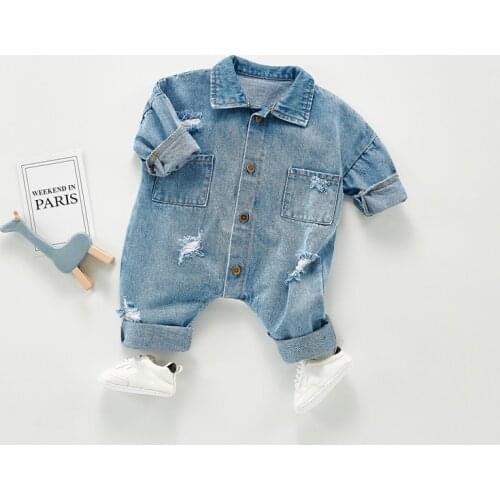 Spring Autumn Newborn Boys Girls Cowboy Broken Hole Jumpsuits Clothes Baby Boys Girls Long Sleeve Overalls Children Rompers