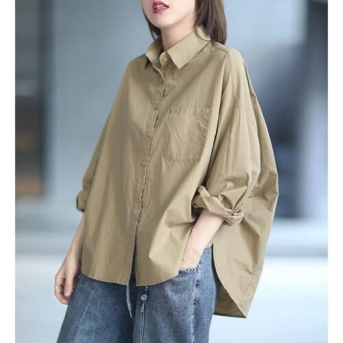 Korean Style 100% Cotton Oversized Blouses Tops Women Spring Summer 2021 Female Fashion Long Sleeve Plus Size Collared Shirts