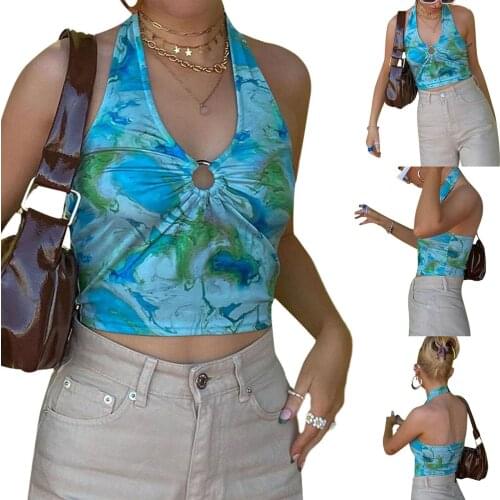 Women Halter Crop Tank Tops, Sexy Sleeveless Tie-Dye Print Ruched Ring Front Slim Fit Backless Streetwear Clubwear Camisole