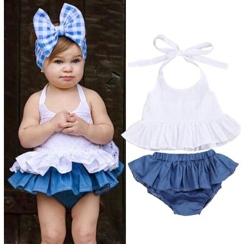 Toddler Kids Baby Summer Outfit White Halter Sleeveless Vest Top + Blue Ruffle Shorts Set for Baby Girl, 6 Months to 4 Years