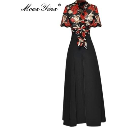 MoaaYina Designer Summer Pants Suit Woman V-Neck Floral Print Shirt and Black Two-piece Loose flared pants Set