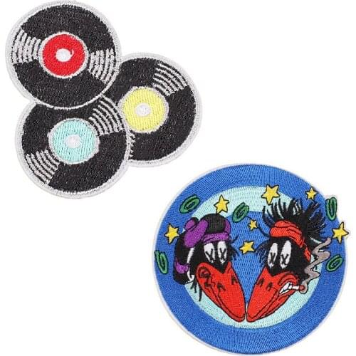 Music CD Patches Round Birds Animal Appliques DIY Iron on Clothes Jeans Backpack Badges Embroidered Patches for Women Men Jacket