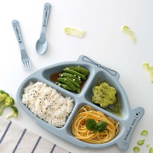3Pcs Baby Tableware Set Wheat Straw Bowls Infant Feeding Plate With Fork Spoon Children Training Dinnerware Cute Dishes Tray