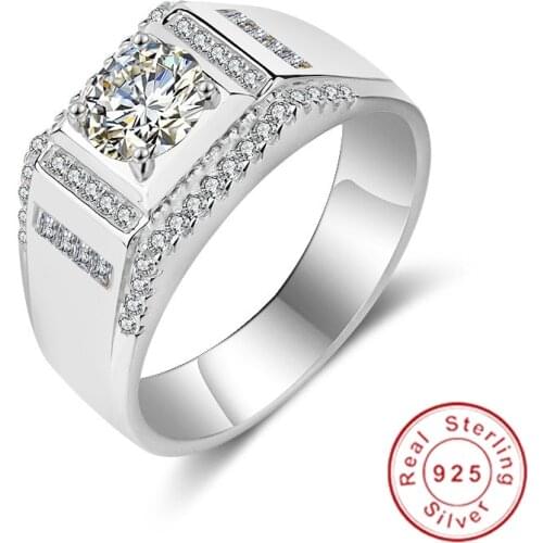 Classic With Side Stones Men Ring Set 6MM 1.2 ct Simulated Diamond Engagement Ring 925 Solid Silver Wedding Ring for Men Jewelry