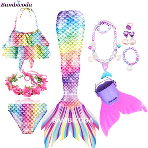 Fancy Mermaid tails with monofin mermaid costumes kids with Fins Monofin and Garland baby girl beach wear Ariel cosplay customes