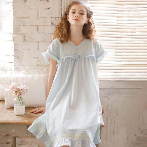 Pure Cotton Night Dress Women Summer Sweet Embroidery Ruffle Nightdress Kawaii Nightgowns Girl Princess Sleepwear Home Clothes