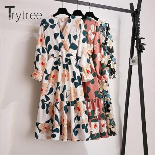 Trytree 2020 Autumn Women Casual Dress V-Neck Print Flare Sleeve Elastic Waist Loose Fashion Mid-Calf A-Line Office Lady Dress