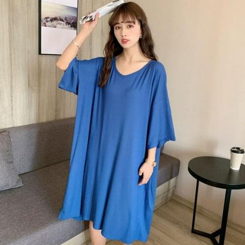 Simple Solid Volor V-Neck Night Dress Women Loose Plus Size Nightshirt Half Sleeve Female Summer Nightgowns 100 Kg Wear