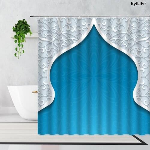 Blue Retro Door Shower Curtains Carving Art Background Home Decoration Bathroom Bath Curtain With Hooks Bathtub Screen Polyester
