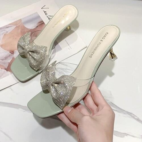Female Fashion Rhinestone Transparent Slides Crystal Bowknot PVC Slippers Women Sexy Thin Heels Slip on Summer Sandals Mujer