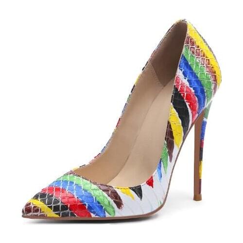Fashion Patchwork Pointed Toe Stiletto Pumps Sexy Mixed Color Slip on Snake Leather High Heels Women Shoes Party Heels