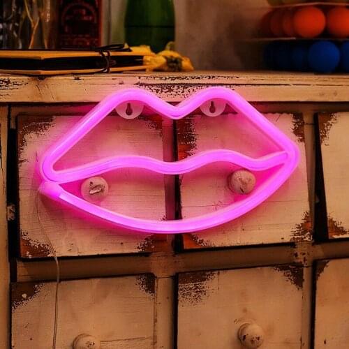 Lip Shaped Neon Sign Always on USB/Battery Powered Acrylic Wall Decor Hanging Decorative Home Atmosphere LED Night Light UD88