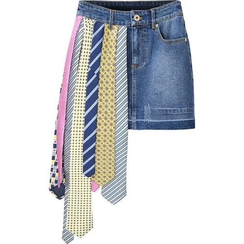 Asymmetric Skirt For Women High Waist Patchwork Lace Up Hit Color Vintage Denim Casual Skirts Female 2020 Summer New Clothes