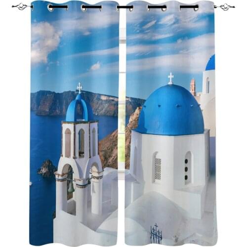 Greece Santorini Blue Roof Church Curtains for Windows Drapes Blinds Custom Printing Curtain For Living Room Bedroom Home Decor