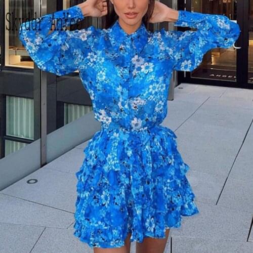 Autumn Womens Suit Floral Printed Two Piece Set Woman Long Sleeve Blouses And A-Line Mini Short Skirt Casual Woman Clothes