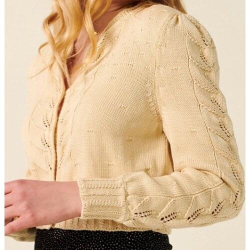 Women Sweater Fall/Winter 2020 New Knitted Cardigan Fashion Casual Puff Sleeve Hollow Short 100% Cotton Knitted Cardigan Sweater