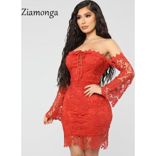Ziamonga Women Hollow Out Crochet Bodycon Lace Dress Solid Long Sleeve Mini Short Strapless Elegant Autumn Sheath Party Dress