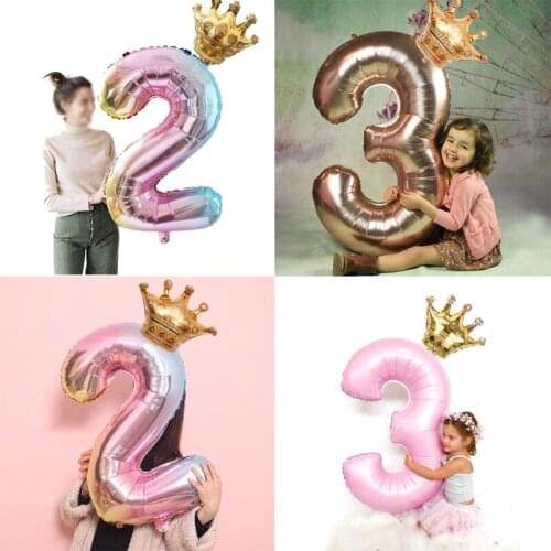 2pcs 32inch Number Foil Balloons Crown Digit Air Ballon Kids Birthday Party Decor Globos Rainbow Theme Baby Shower Supplies Gift