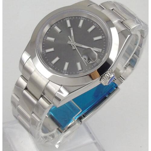 36mm Dress Polished Bezel Automatic Men Wristwatch MIYOTA 8215 Brushed Bracelet Date Magnifier Solid Back