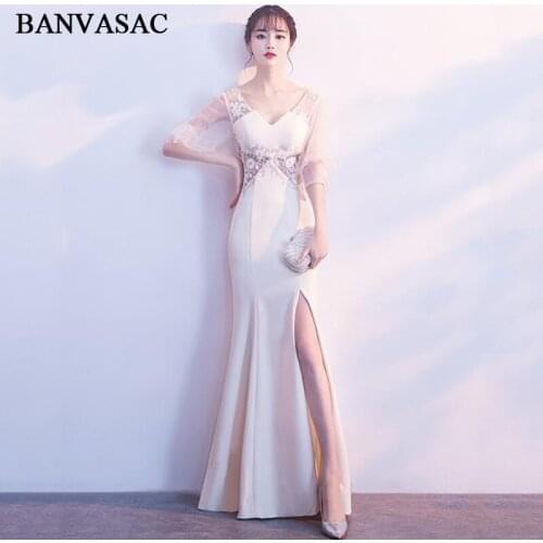 BANVASAC 2018 V Neck Flowers Split Mermaid Long Evening Dresses Party Lace Appliques Illusion Backless Prom Gowns