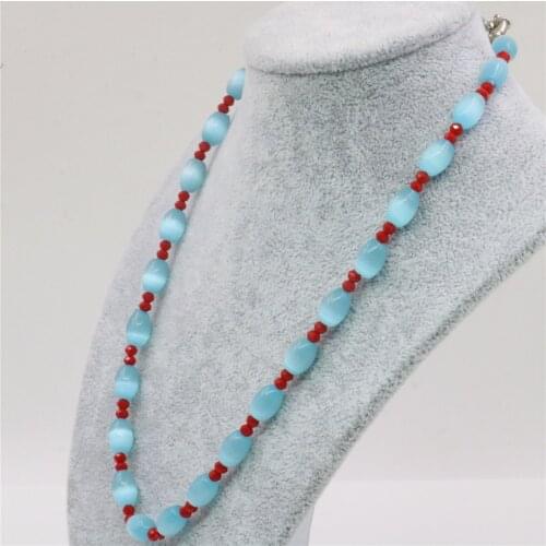 3colors Blue Yellow White 8X12mm Rice Shape Cats Eye Stone and 4x6mm Red Glass Beads Women Necklace Gift Jewelry 18inch Y115