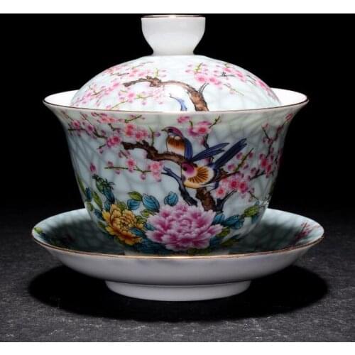 Art Bird Gaiwan Ceramic Porcelain Flower Big Tea Bowl with Saucer Lid Kit Master Tea Tureen Drinkware Gift Home Decor Crafts