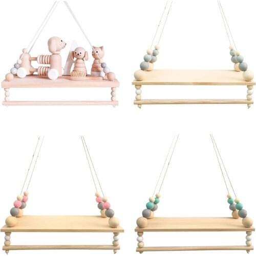Nordic Wooden Wall Shelf with Clothes Rack Children Room Craft Storage Display Holder Rope Hanging Kid Bedroom Decoration