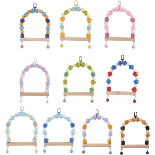 Wood Parrot Swing Chewing Toys Hanging Bird Cage Toys with Colorful Beads Metal Bells for Small Finches Budgie Macaws