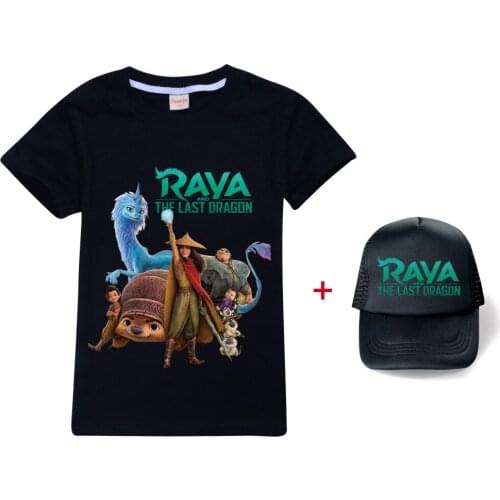Kids Clothes Girls Boys Cotton T-shirt Raya and The Last Dragon Tshirt + Cap Cartoon Tops Summer Short Sleeve Children Outfits