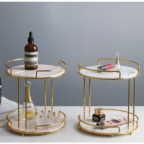 Marble Texture Double Layer Makeup Stand Home Golden Metal Wrought Iron Decorative Trays Dressing Table Cosmetic Display Rack