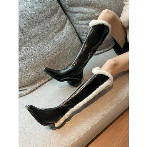 EshtonShero Women Knee High Boots Winter Shoes Women Botas Mujer Leather Snow Boots Female Casual Shoes Black Plush Footwear