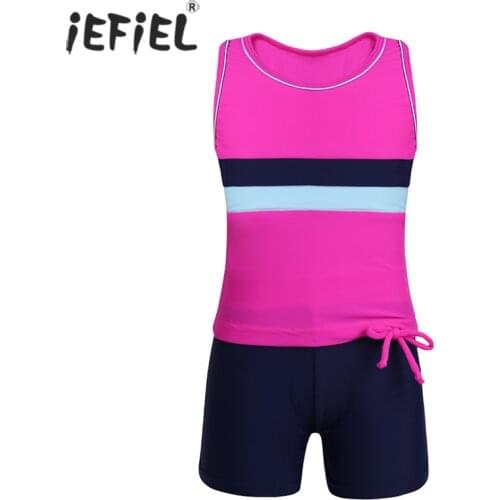 Girls 2pcs Racer Tank Top with Sport Short Set Kids Workout Gymnastics Leotard Spliced Vest Top Bathing Swimsuit or Dancing Wear