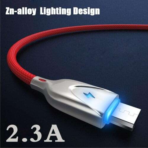 2.3A Zinc Alloy Micro USB type-C Cable LED Light Fast Data Charging Charger Wire Cord Mobile Phone Cable