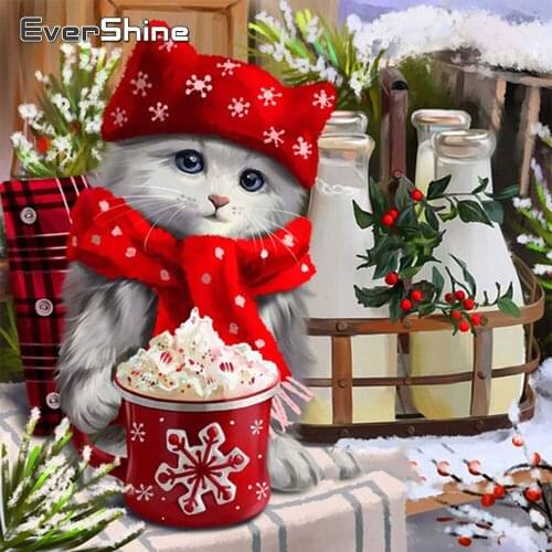 EverShine 5D Diamond Embroidery Christmas Picture Of Rhinestones Diamond Painting Cartoon Cross Stitch Cat Handmade Hobby