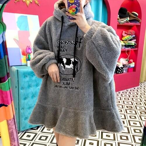 Korean Hey Jude Lambswool Coat Cow Women Hoodies Autumn Winter Loose Thick Hooded Sweatshirt Girls Fishtail Long Pullover Dress