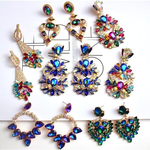 Trendy Shiny Crystal Pendant Drop Earrings For Women Vintage Rhinestone Glass Charm Statement Jewelry Wedding Earrings Female