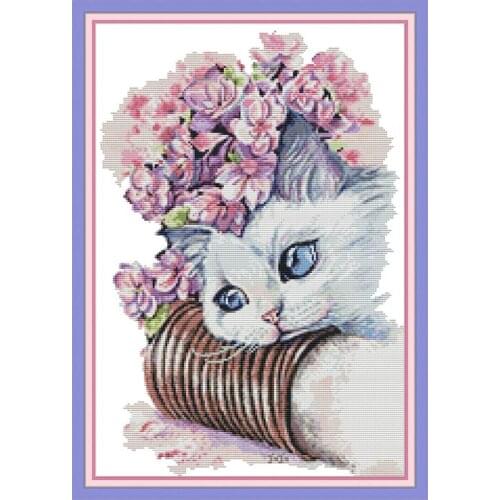 Joy Sunday Cross Stitch Stamped Kits Cat and Flower Patterns 14CT 11CT Printed Cross Stitch Kits Handmade Embroidery Needlework