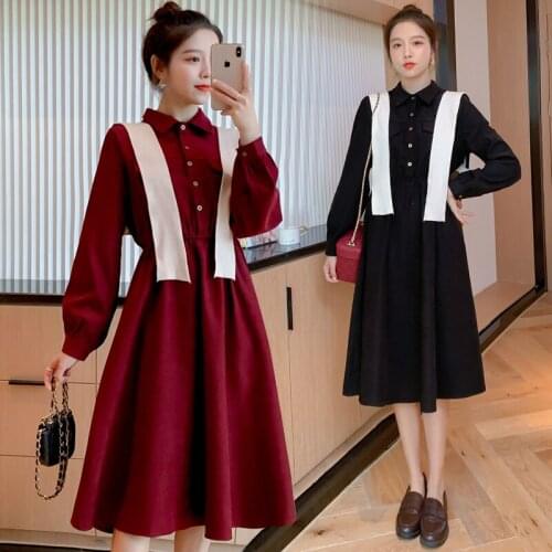 5827# Maternity Clothes Spring Autumn Long Sleeve Mid-Long Loose Stylish Dress for Pregnant Women Mom Dress