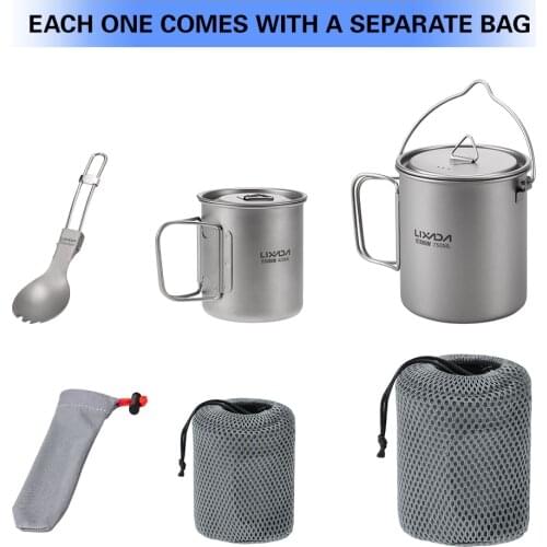 Lixada Camping Cookware Outdoor Titanium Tableware 750ml Pot 420ml Water Cup with Lid Handle Folding Spork for Camping Picnic