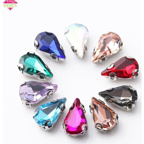 RESEN Promotion Mix Color 6x10mm 50pcs/lot Crystal Teardrop Sew On Rhinestones Flatback Glass Sewing DIY Sones Dress Accessories